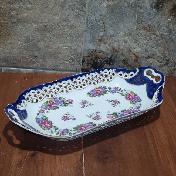 Vintage Cobalt Blue Rim & Pink Rose Porcelain Rectangular Reticulated Scalloped - Picture 4 of 11